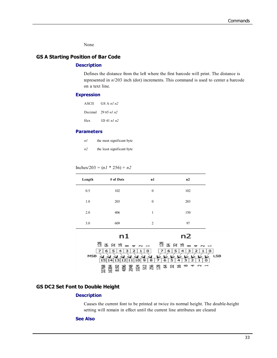 Gs a starting position of bar code, Gs dc2 set font to double height, Gs a | Gs dc2 | Epson LABELWRITER SE450 User Manual | Page 39 / 76