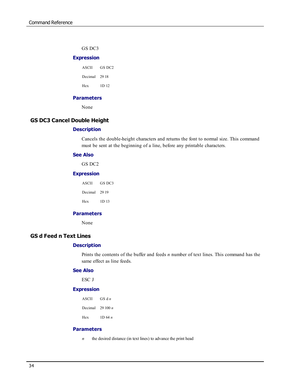 Gs dc3 cancel double height, Gs d feed n text lines, Gs d | Gs dc3 | Epson LABELWRITER SE450 User Manual | Page 40 / 76