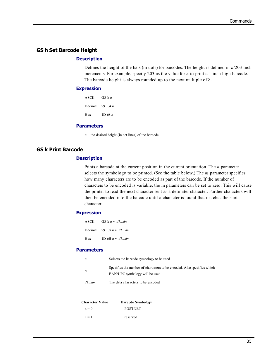 Gs h set barcode height, Gs k print barcode, Gs h | Gs k | Epson LABELWRITER SE450 User Manual | Page 41 / 76