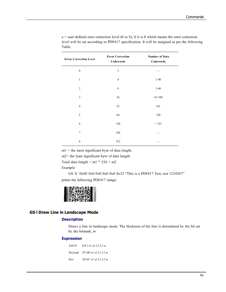 Gs l draw line in landscape mode, Gs l | Epson LABELWRITER SE450 User Manual | Page 47 / 76