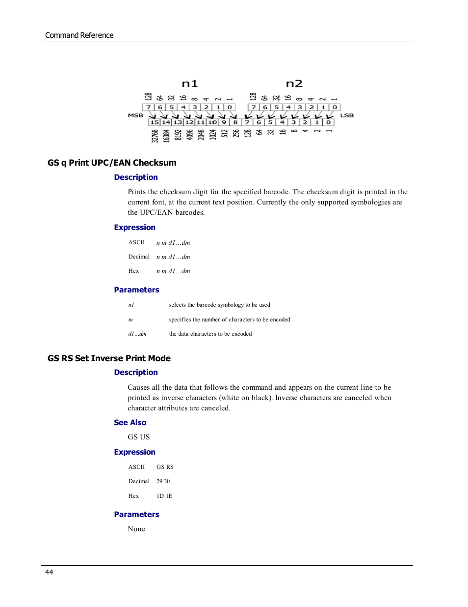 Gs q print upc/ean checksum, Gs rs set inverse print mode, Gs q | Gs rs | Epson LABELWRITER SE450 User Manual | Page 50 / 76