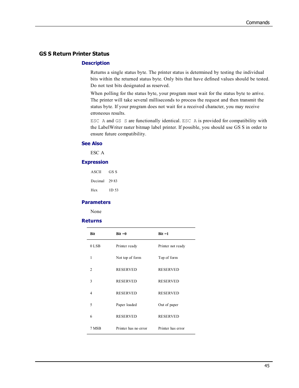 Gs s return printer status, Gs s | Epson LABELWRITER SE450 User Manual | Page 51 / 76