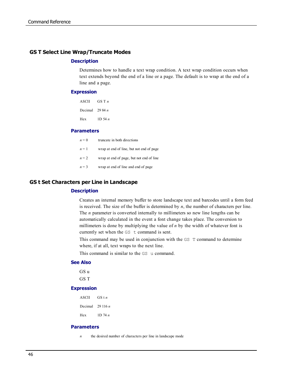 Gs t select line wrap/truncate modes, Gs t set characters per line in landscape, Gs t | Epson LABELWRITER SE450 User Manual | Page 52 / 76