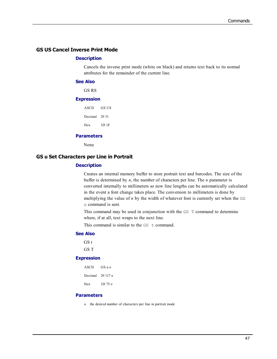 Gs us cancel inverse print mode, Gs u set characters per line in portrait, Gs u | Gs us | Epson LABELWRITER SE450 User Manual | Page 53 / 76