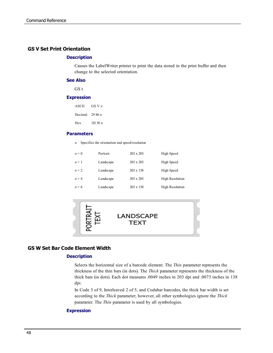 Gs v set print orientation, Gs w set bar code element width, Gs v | Gs w | Epson LABELWRITER SE450 User Manual | Page 54 / 76