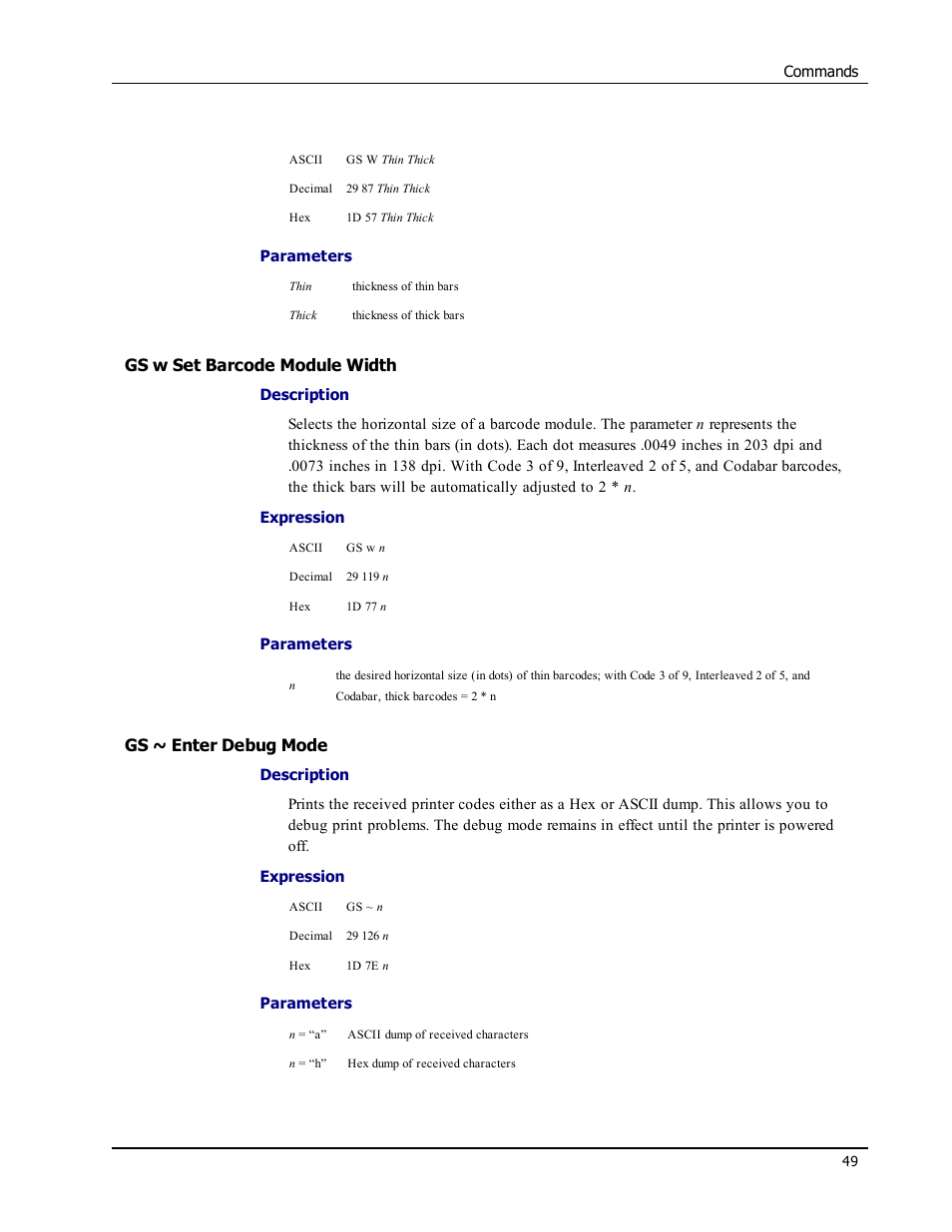 Gs w set barcode module width, Gs ~ enter debug mode, Gs w | Epson LABELWRITER SE450 User Manual | Page 55 / 76