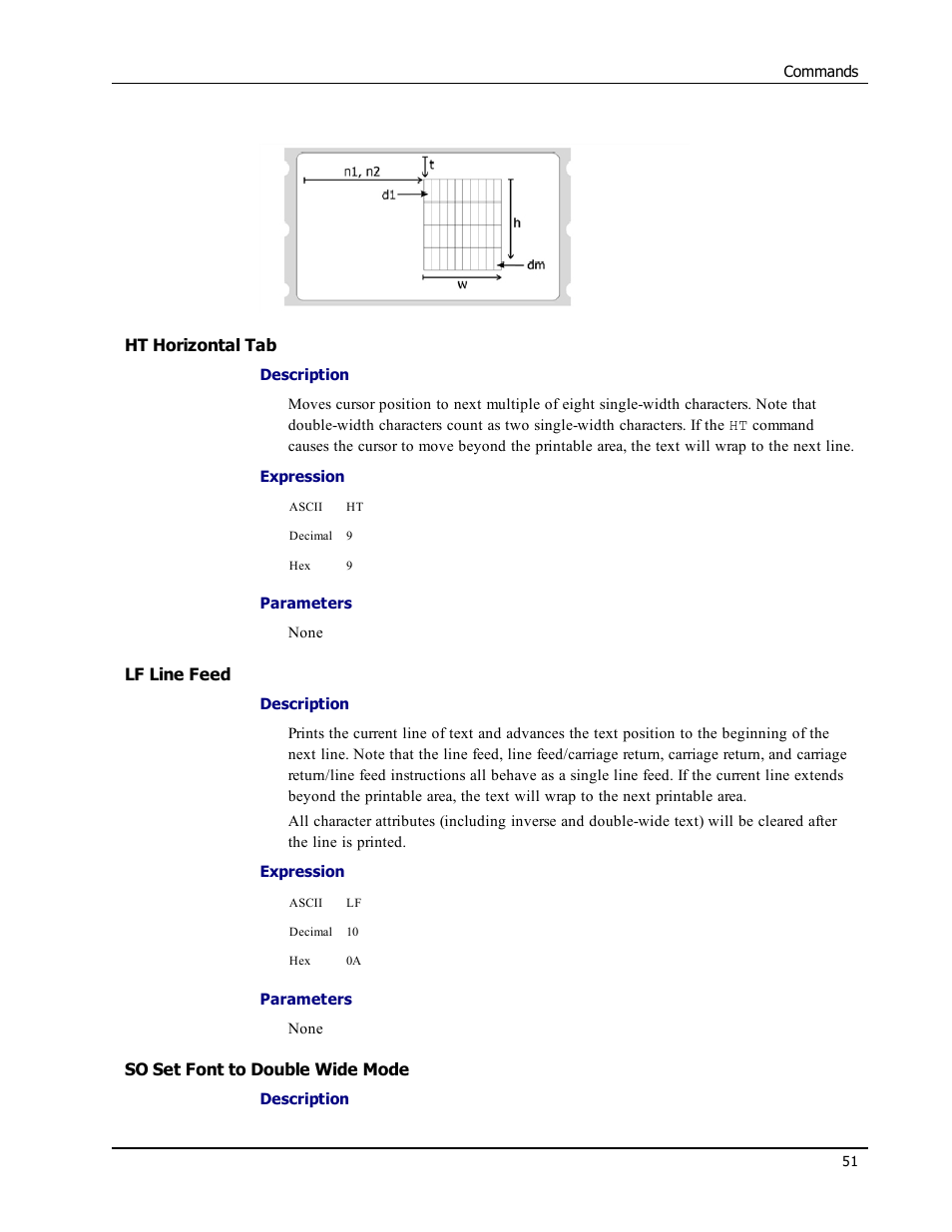 Ht horizontal tab, Lf line feed, So set font to double wide mode | Epson LABELWRITER SE450 User Manual | Page 57 / 76