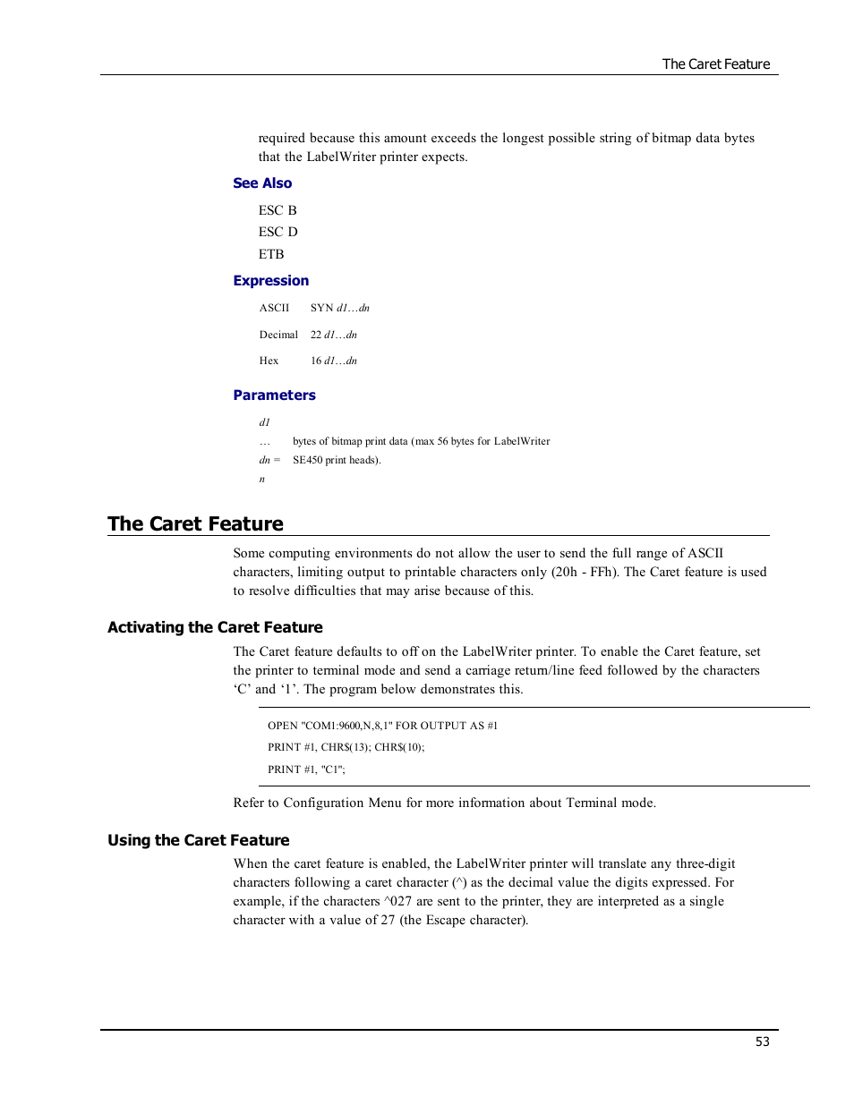 The caret feature, Activating the caret feature, Using the caret feature | Epson LABELWRITER SE450 User Manual | Page 59 / 76
