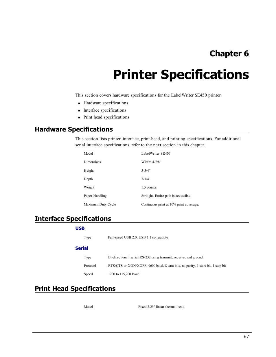 Printer specifications, Hardware specifications, Interface specifications | Print head specifications, Chapter 6 | Epson LABELWRITER SE450 User Manual | Page 73 / 76