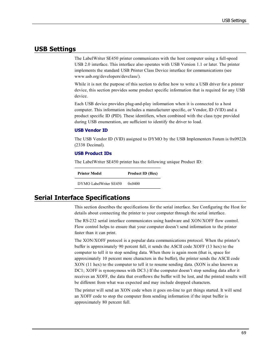 Usb settings, Serial interface specifications | Epson LABELWRITER SE450 User Manual | Page 75 / 76