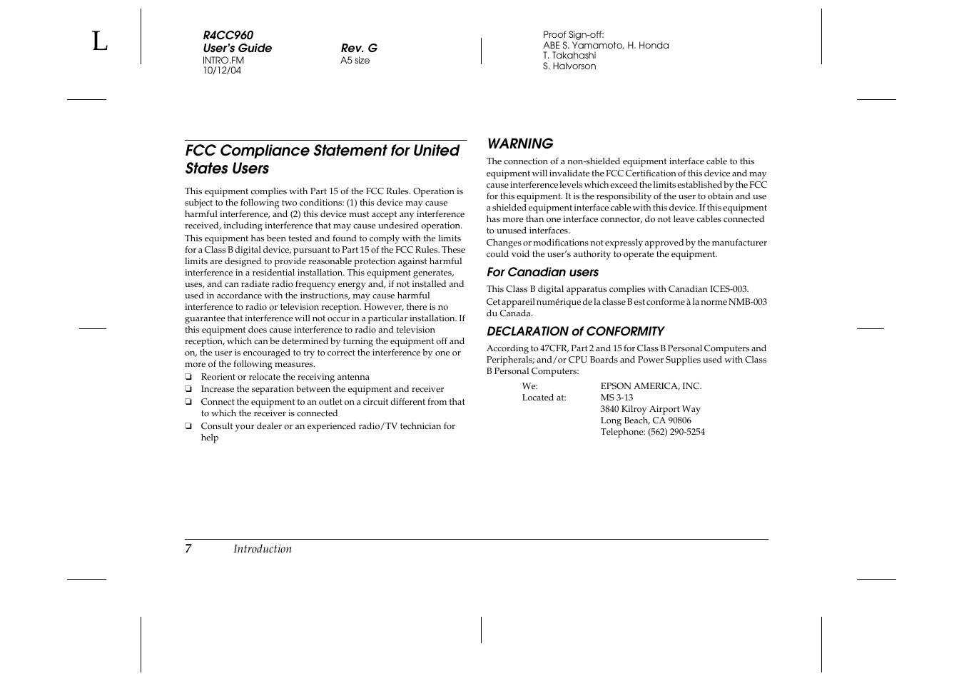 Fcc compliance statement for united states users, Warning, For canadian users | Declaration of conformity | Epson R-D User Manual | Page 12 / 59