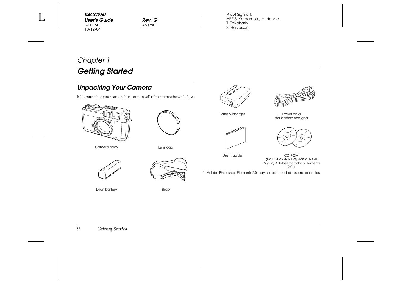 Getting started, Unpacking your camera, Chapter 1 | Epson R-D User Manual | Page 14 / 59