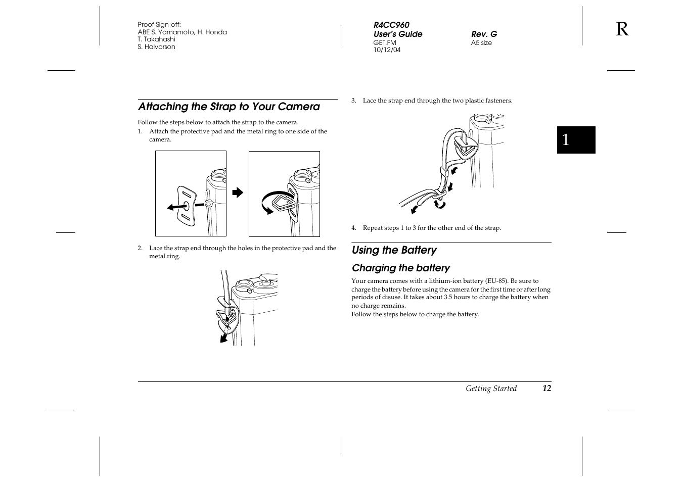 Attaching the strap to your camera, Using the battery, Charging the battery | Epson R-D User Manual | Page 17 / 59