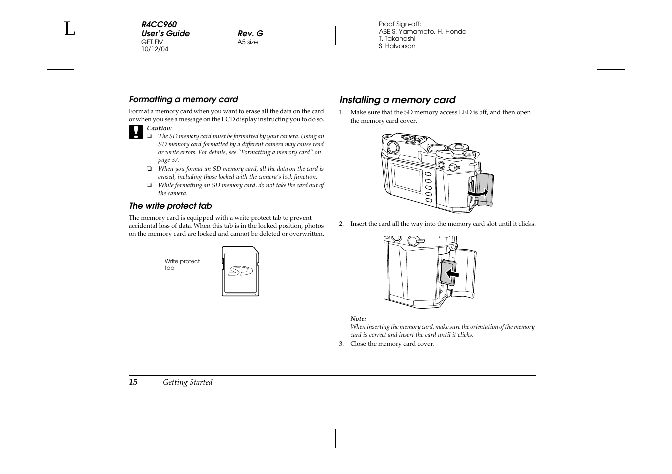 Formatting a memory card, The write protect tab, Installing a memory card | Epson R-D User Manual | Page 20 / 59