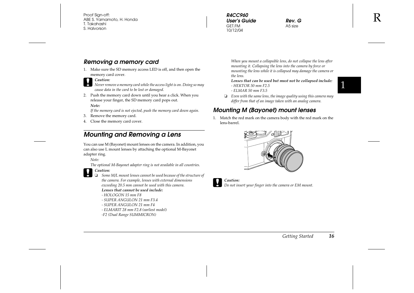 Removing a memory card, Mounting and removing a lens, Mounting m (bayonet) mount lenses | Epson R-D User Manual | Page 21 / 59