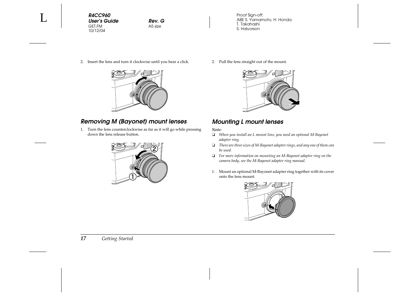 Removing m (bayonet) mount lenses, Mounting l mount lenses | Epson R-D User Manual | Page 22 / 59