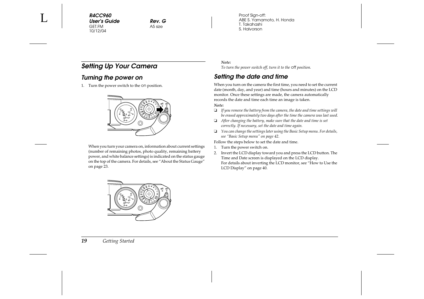 Setting up your camera, Turning the power on, Setting the date and time | Turning the power on setting the date and time | Epson R-D User Manual | Page 24 / 59