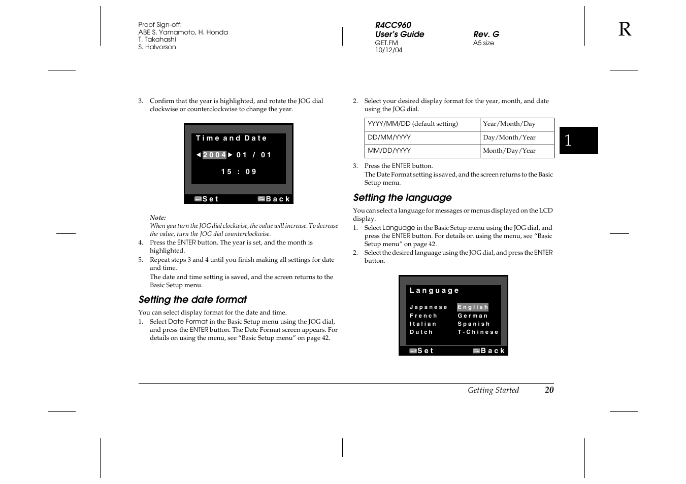 Setting the date format, Setting the language, Setting the date format setting the language | Epson R-D User Manual | Page 25 / 59