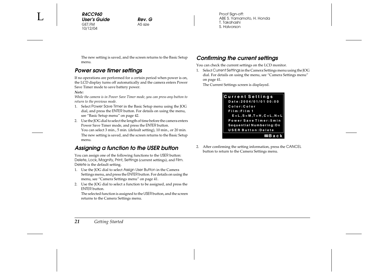 Power save timer settings, Assigning a function to the user button, Confirming the current settings | Epson R-D User Manual | Page 26 / 59