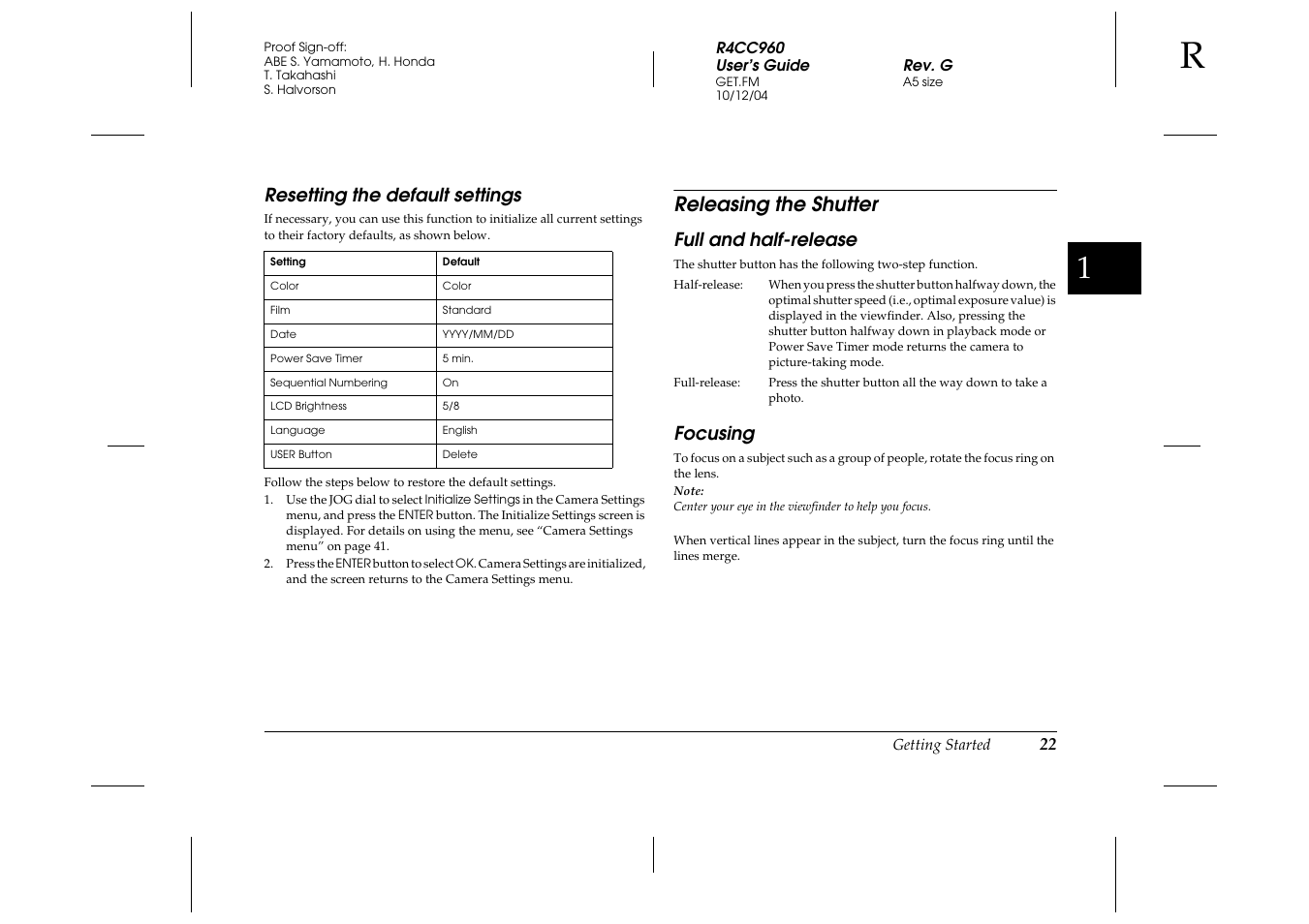 Resetting the default settings, Releasing the shutter, Full and half-release | Focusing, Full and half-release focusing | Epson R-D User Manual | Page 27 / 59