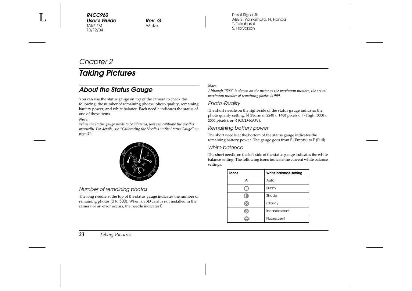 Taking pictures, About the status gauge, Chapter 2 ta | Chapter 2 | Epson R-D User Manual | Page 28 / 59