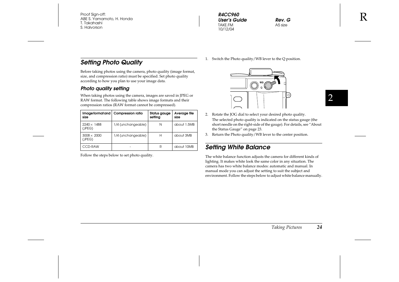 Setting photo quality, Photo quality setting, Setting white balance | Setting photo quality setting white balance | Epson R-D User Manual | Page 29 / 59