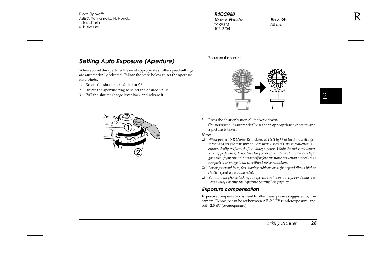 Setting auto exposure (aperture), Exposure compensation | Epson R-D User Manual | Page 31 / 59