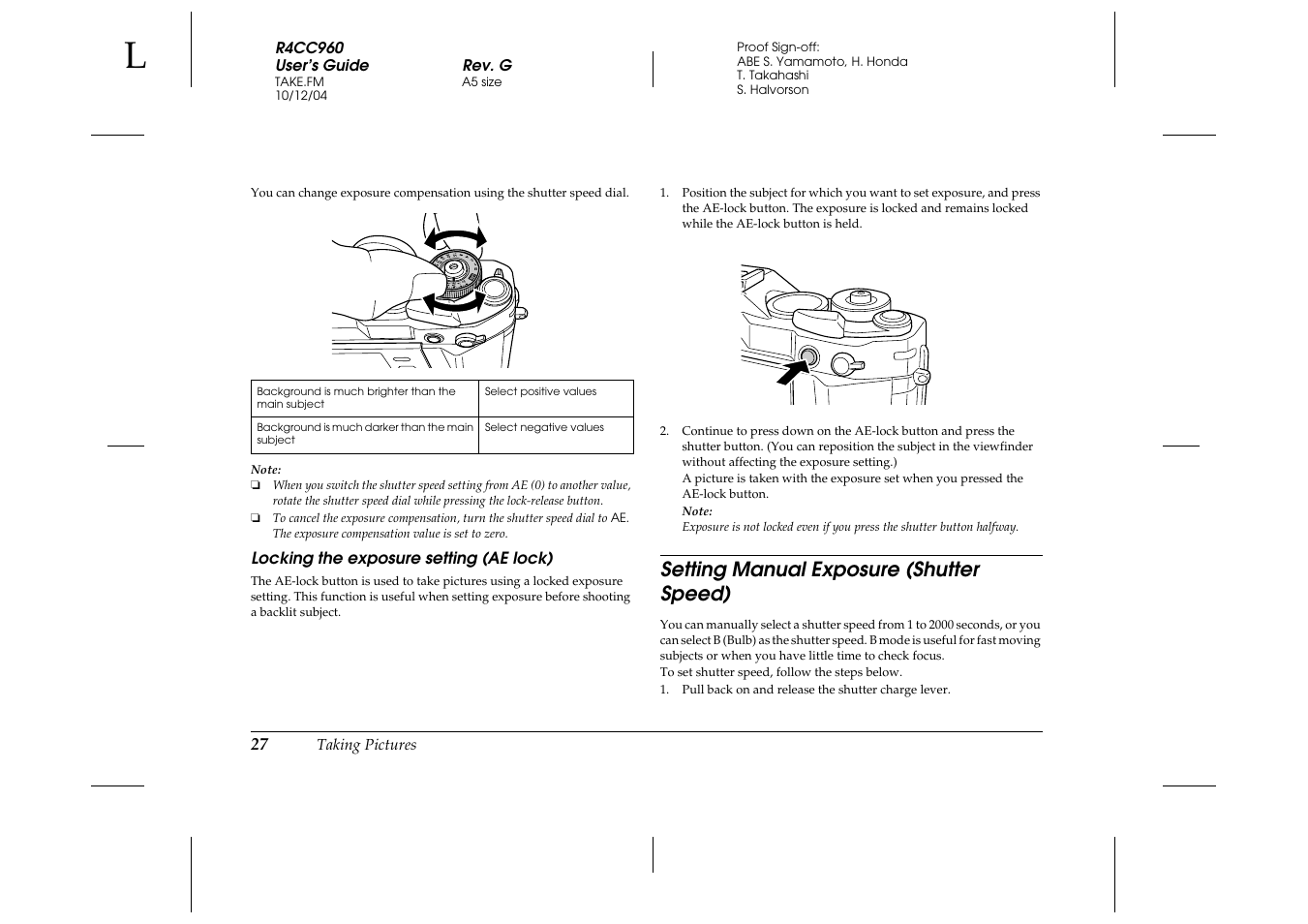 Locking the exposure setting (ae lock), Setting manual exposure (shutter speed) | Epson R-D User Manual | Page 32 / 59