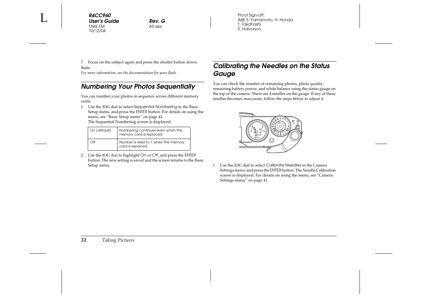 Numbering your photos sequentially, Calibrating the needles on the status gauge | Epson R-D User Manual | Page 36 / 59