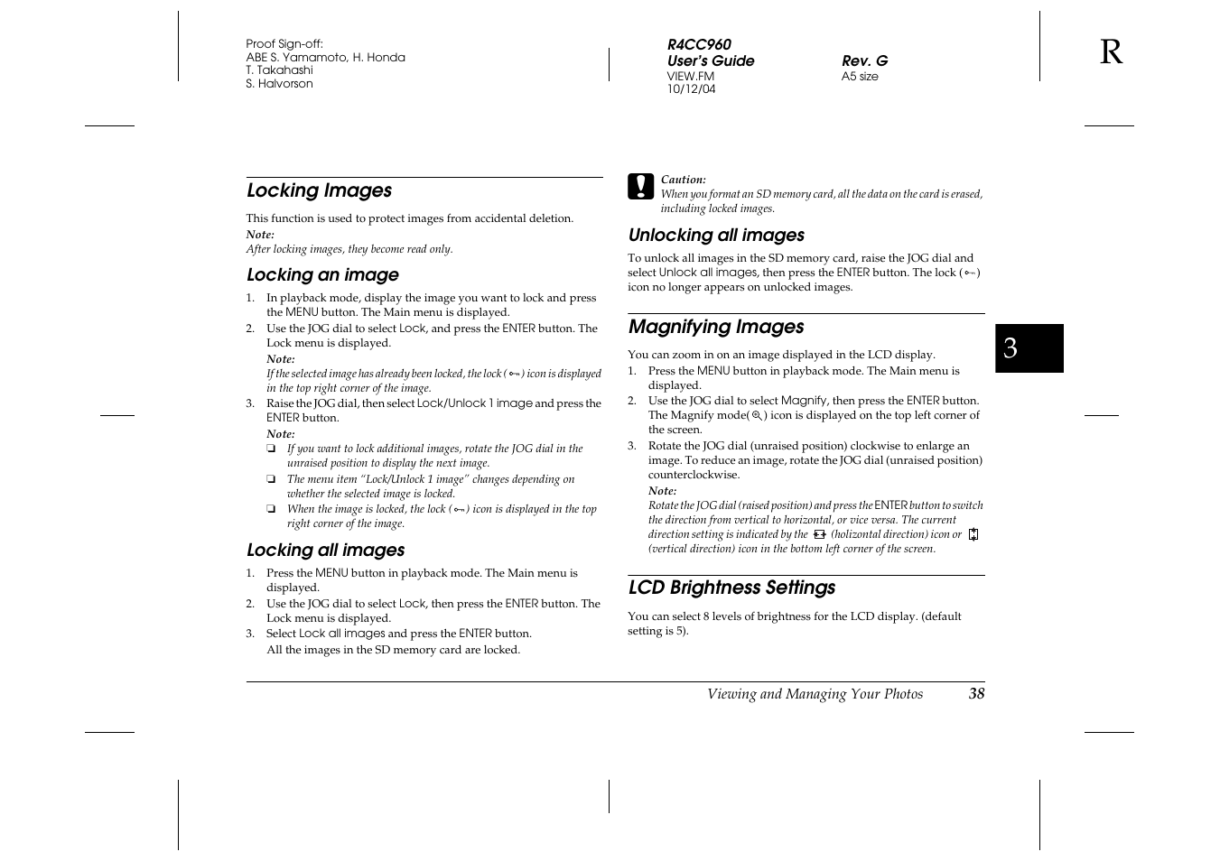 Locking images, Locking an image, Locking all images | Unlocking all images, Magnifying images, Lcd brightness settings, Magnifying images lcd brightness settings | Epson R-D User Manual | Page 43 / 59