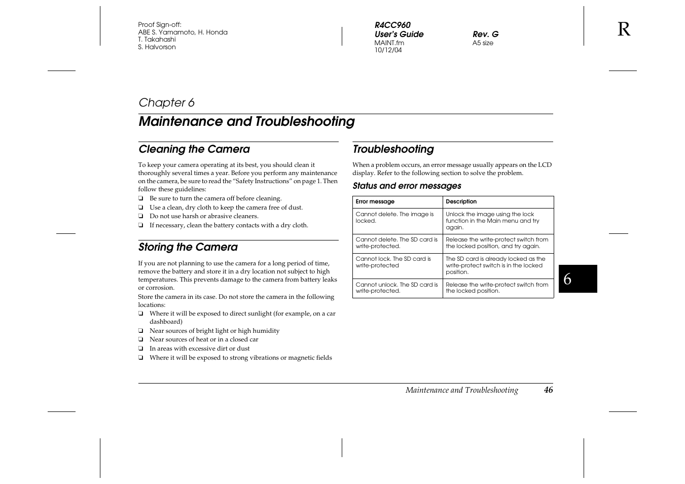 Maintenance and troubleshooting, Cleaning the camera, Storing the camera | Troubleshooting, Status and error messages, Chapter 6 | Epson R-D User Manual | Page 51 / 59