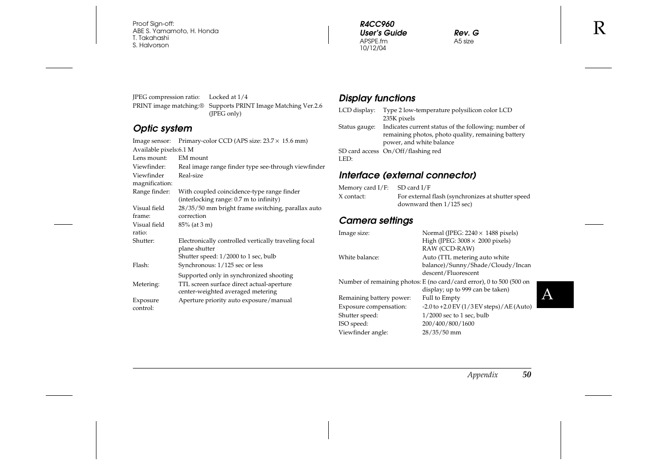 Optic system, Display functions, Interface (external connector) | Camera settings | Epson R-D User Manual | Page 55 / 59