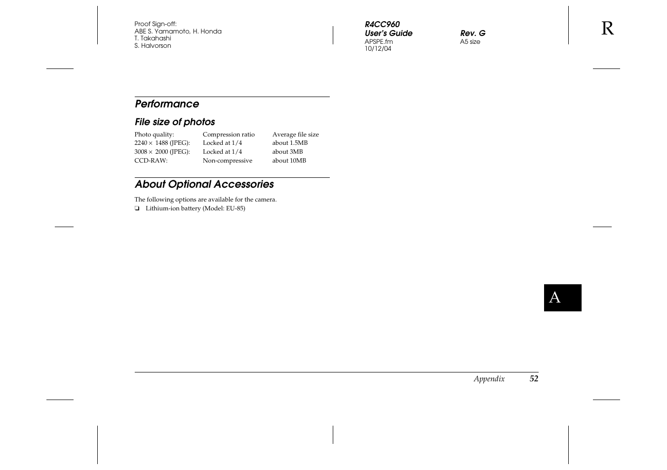 Performance, File size of photos, About optional accessories | Epson R-D User Manual | Page 57 / 59