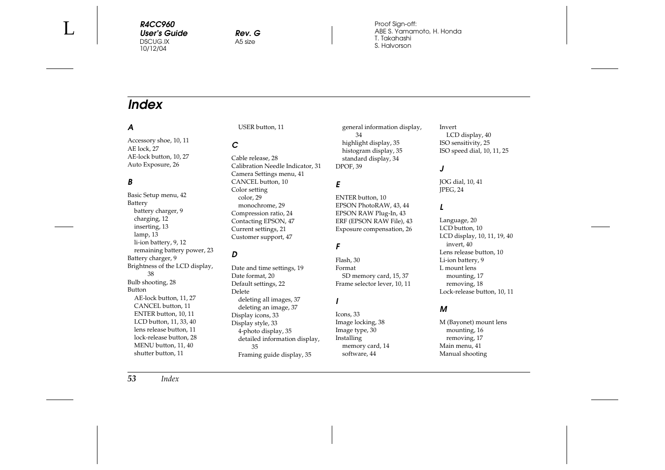 Index | Epson R-D User Manual | Page 58 / 59