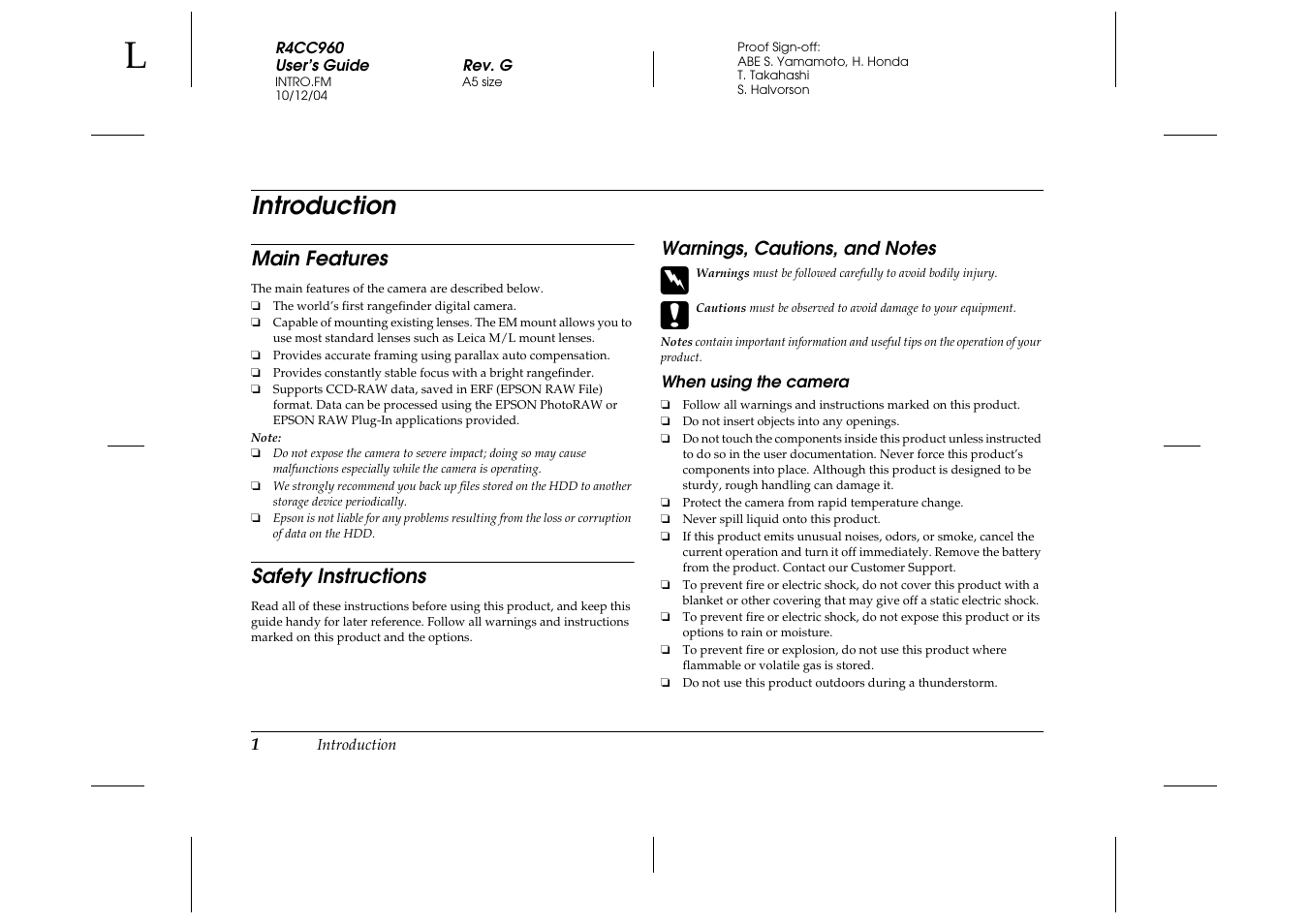 Main features, Safety instructions, Warnings, cautions, and notes | When using the camera, Introduction, Main features safety instructions | Epson R-D User Manual | Page 6 / 59