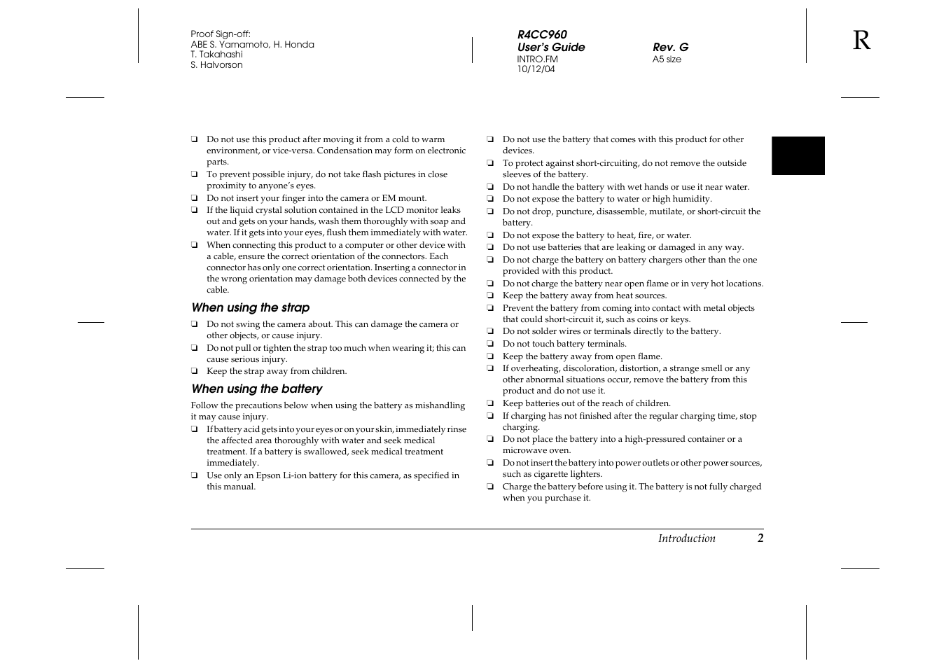 When using the strap, When using the battery | Epson R-D User Manual | Page 7 / 59