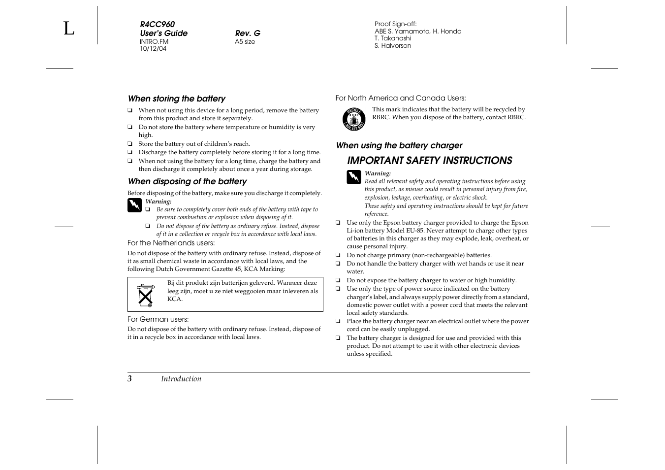 When storing the battery, When disposing of the battery, When using the battery charger | Important safety instructions | Epson R-D User Manual | Page 8 / 59