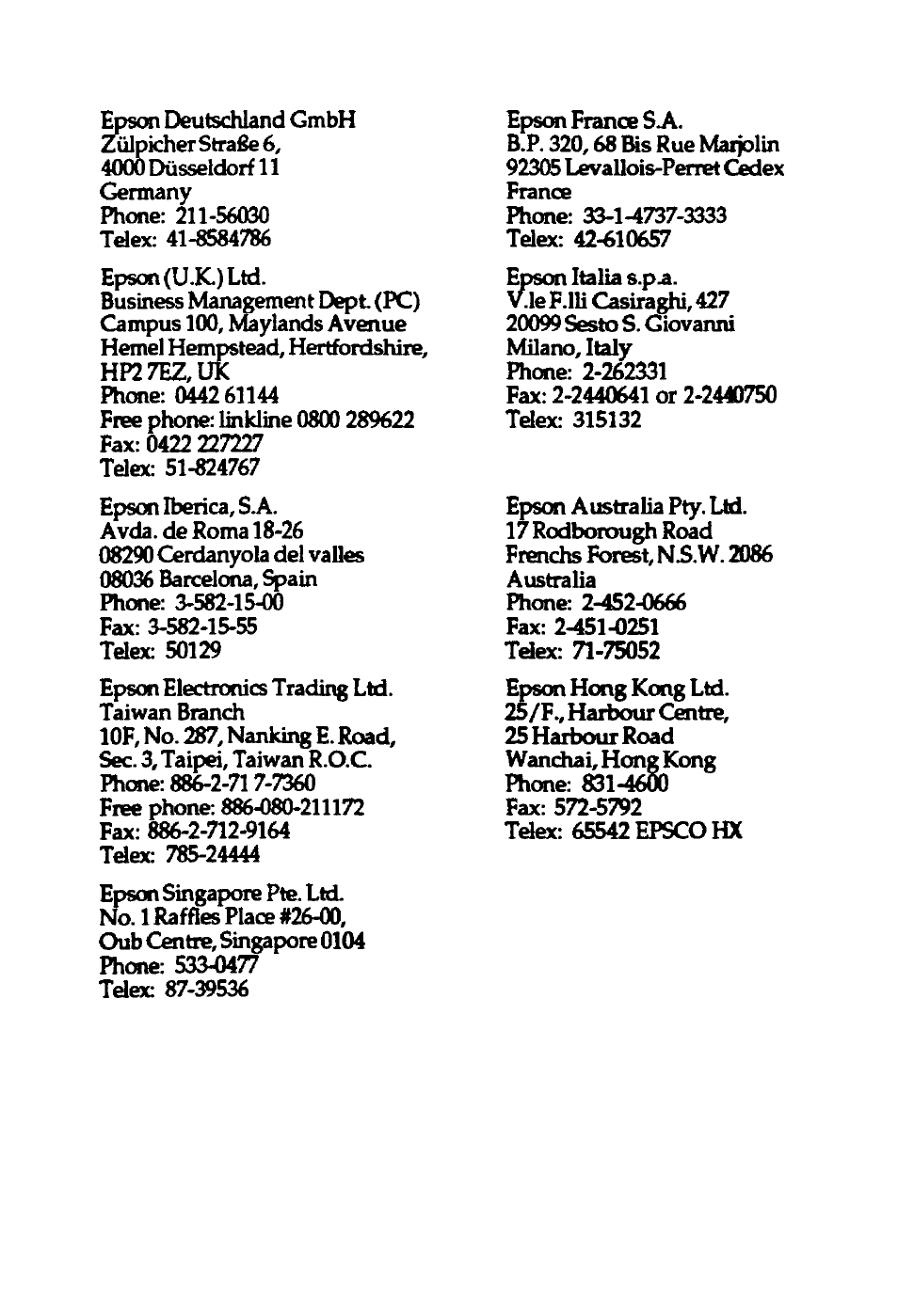 Epson, Marketing locations, Overseas | Epson Progression U12 User Manual | Page 219 / 219