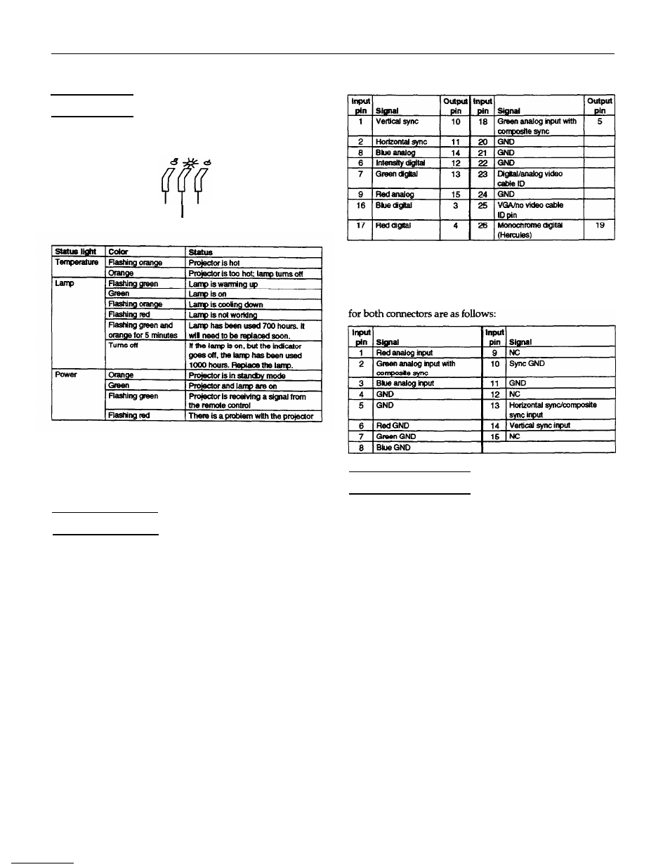 Status lights, Pin assignments, Vga and monitor connector | Related documents, Epson elp-3300 data/video projector status lights, Related documents engineering | Epson Data/Video Projector ELP-3300 User Manual | Page 2 / 2