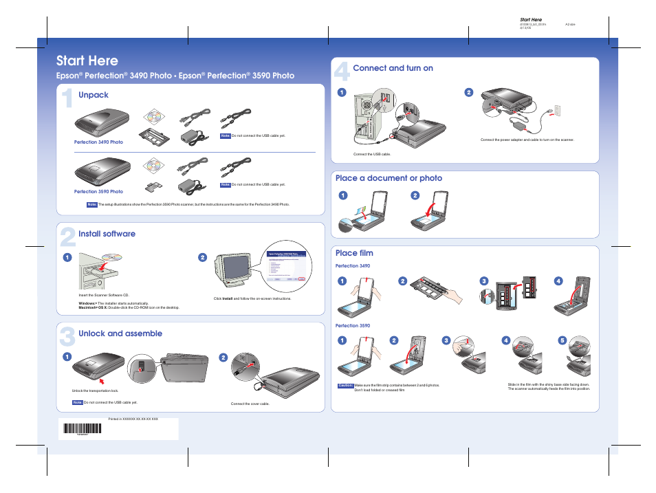 Connect and turn on, Place a document or photo, Place film | Start here, Unpack, Unlock and assemble, Install software, Epson, Perfection, 3490 photo | Epson PERFECTION 3490 User Manual | Page 2 / 4