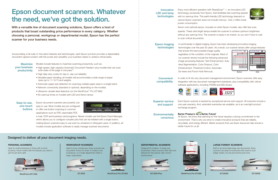 Maximize your business productivity, Easy-to-use, one-touch buttons, Innovative led and lamp technologies | Epson imaging technologies, Convenient compatibility, Superior service and support, Environmentally conscious | Epson WorkForce GT-1500 User Manual | Page 3 / 4