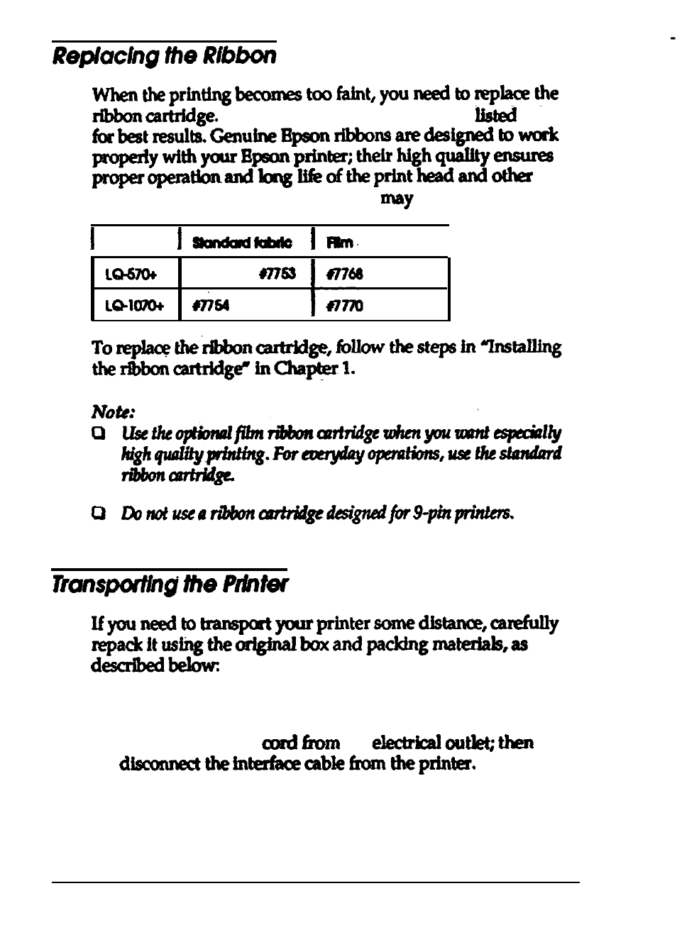 Replacing the ribbon, Transporting the printer, Replacing the ribbon -3 | Transporting the printer -3 | Epson 24-PIN DOT MATRIX PRINTER LQ-570+ User Manual | Page 102 / 158