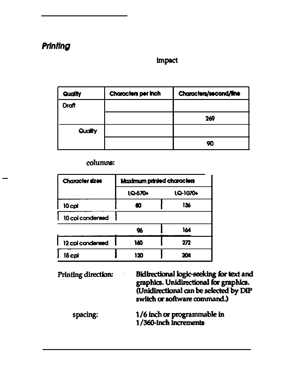 Printer specifications, Printing | Epson 24-PIN DOT MATRIX PRINTER LQ-570+ User Manual | Page 115 / 158