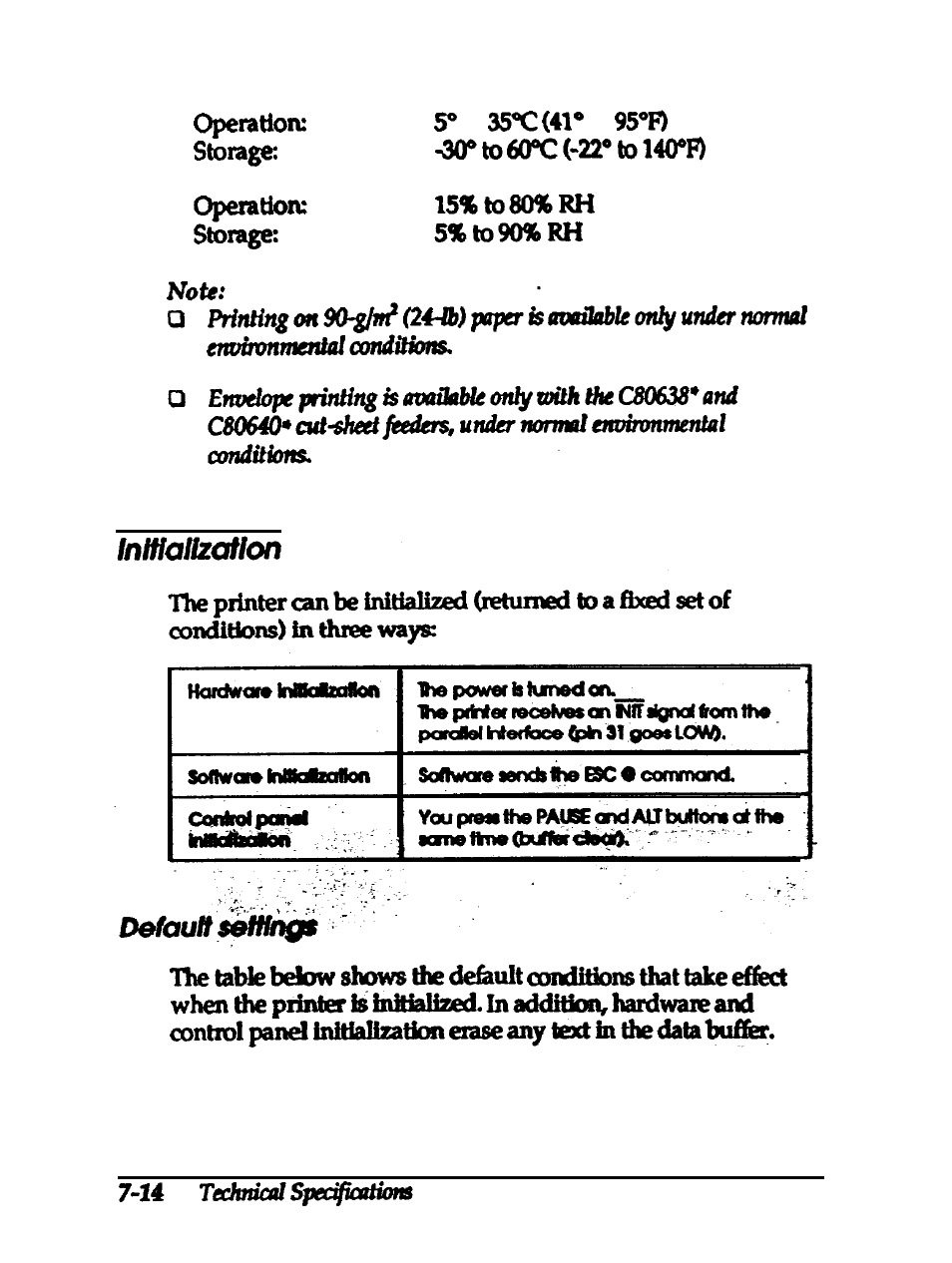 Initialization, Default settings | Epson 24-PIN DOT MATRIX PRINTER LQ-570+ User Manual | Page 127 / 158