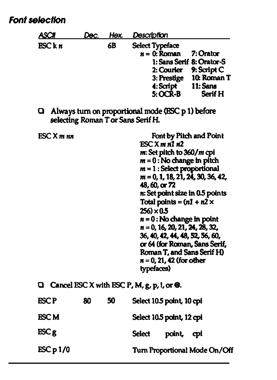 Font selection | Epson 24-PIN DOT MATRIX PRINTER LQ-570+ User Manual | Page 134 / 158