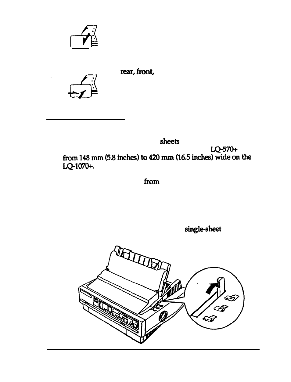 Using single sheets, Loading single sheets from the top | Epson 24-PIN DOT MATRIX PRINTER LQ-570+ User Manual | Page 37 / 158