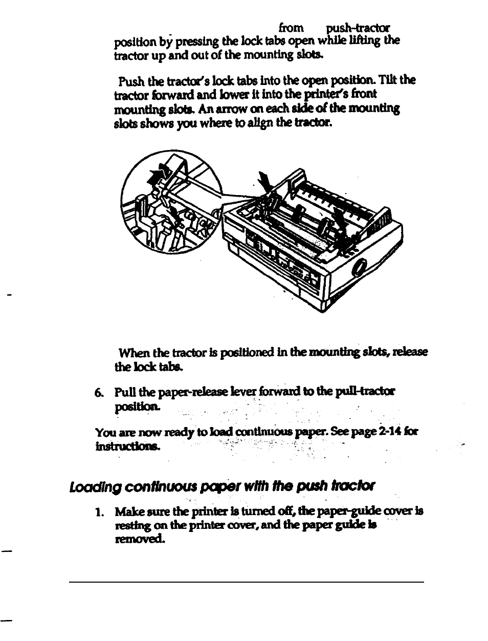 Loading continuous paper with the push tractor | Epson 24-PIN DOT MATRIX PRINTER LQ-570+ User Manual | Page 44 / 158