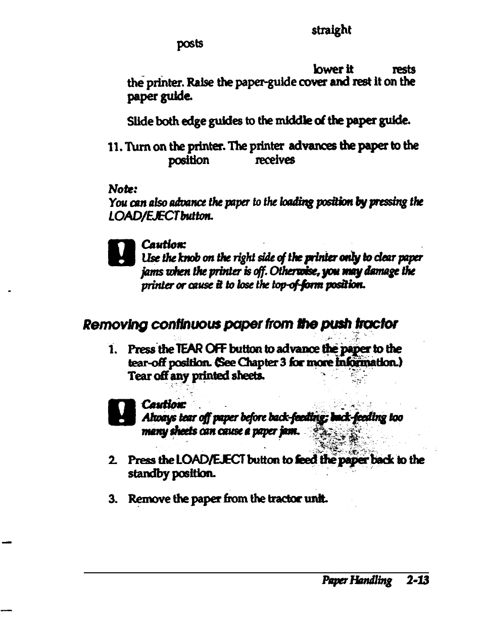 Removing continuous paper from the push tractor | Epson 24-PIN DOT MATRIX PRINTER LQ-570+ User Manual | Page 47 / 158