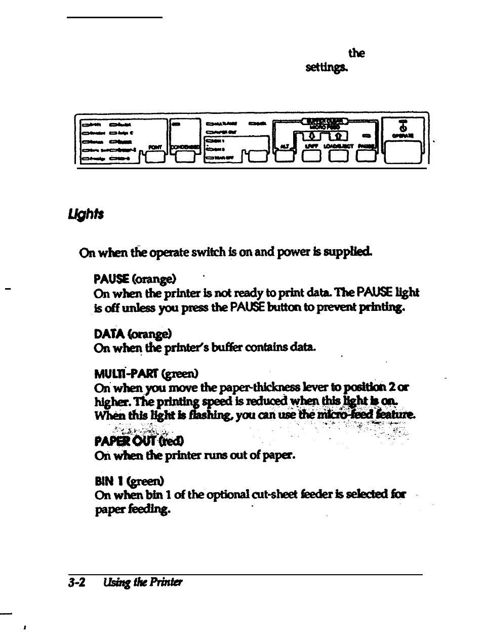 Control panel, Lights, Control panel -2 | Lights -2 | Epson 24-PIN DOT MATRIX PRINTER LQ-570+ User Manual | Page 60 / 158