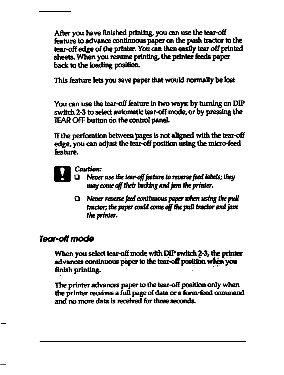 Tear off, Tear-off mode | Epson 24-PIN DOT MATRIX PRINTER LQ-570+ User Manual | Page 73 / 158